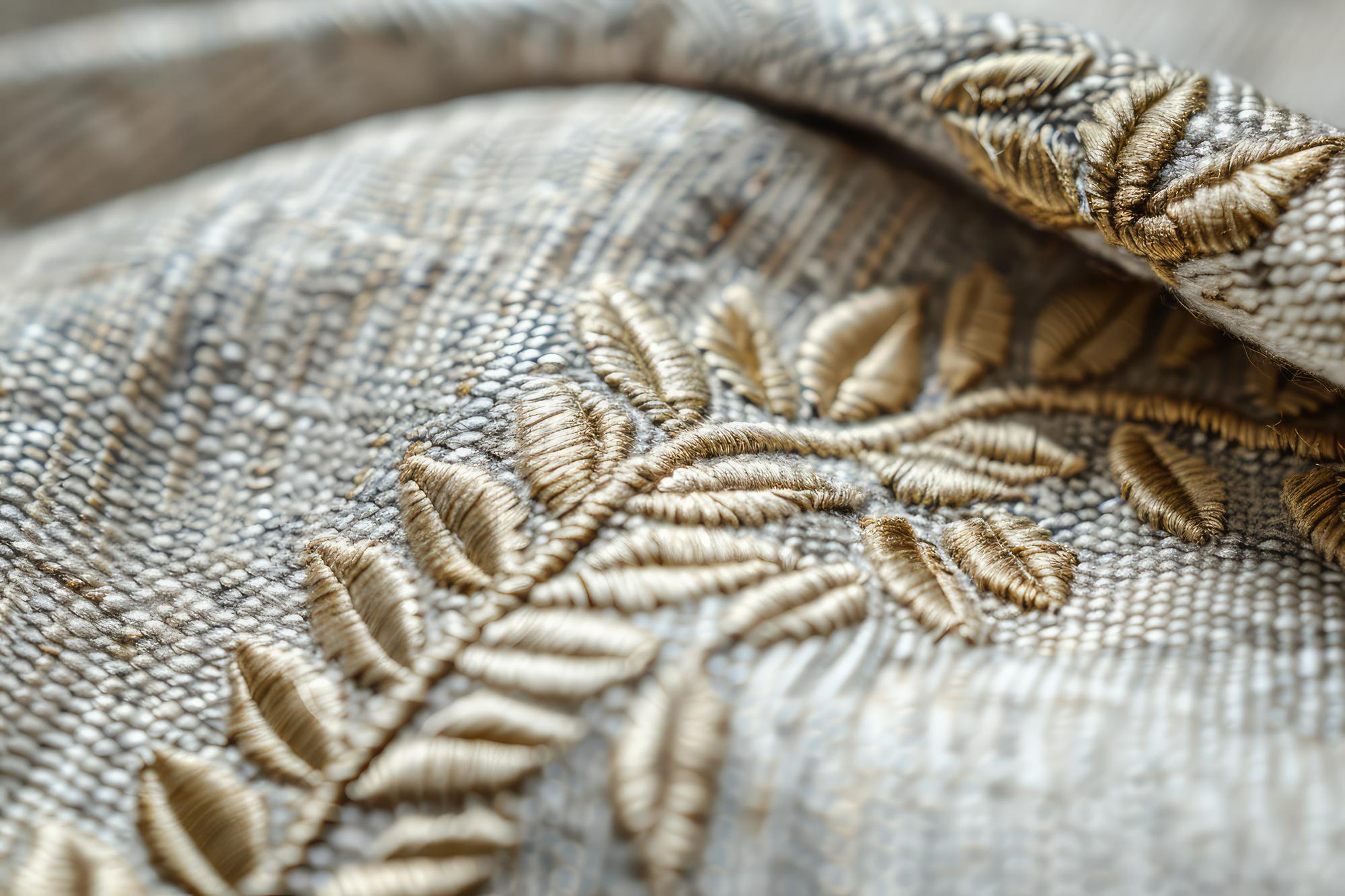 close-up embroidered fabric with neutral threads
