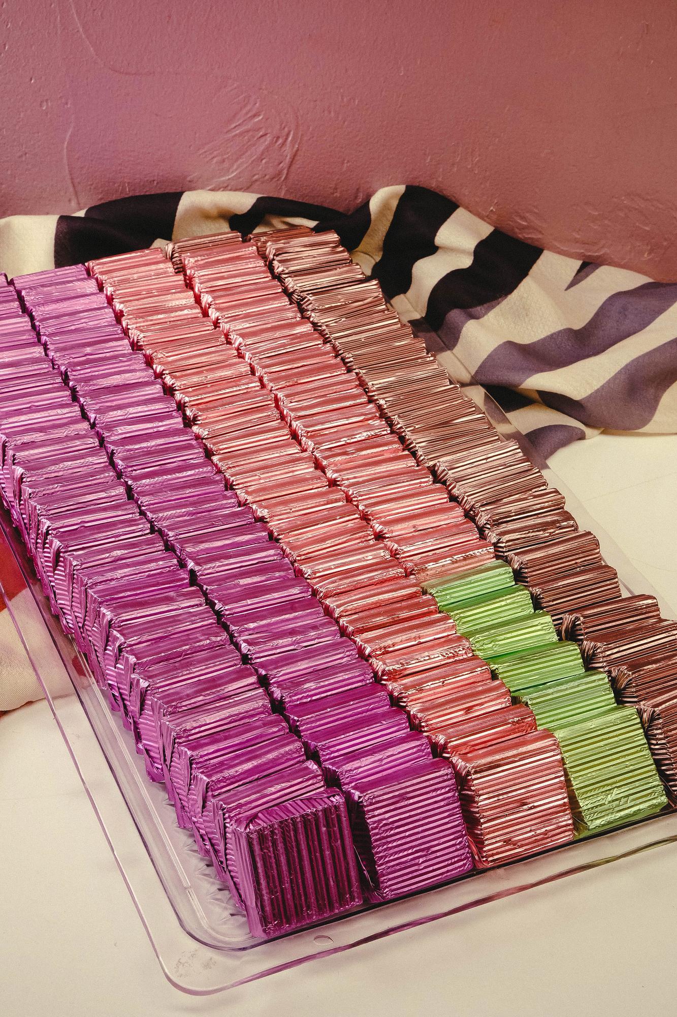 swatches and thread cones arranged